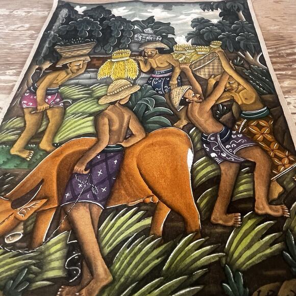 Vintage Balinese Gouache Painting I.BG Rai Bali Village Scene Rice Harvest 11x8” - Picture 15 of 15